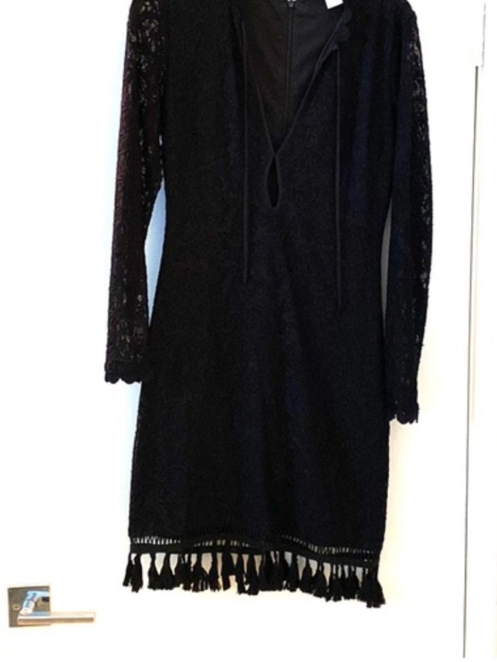 Women's Black Lace Long-Sleeve Dress with Tassel Hem